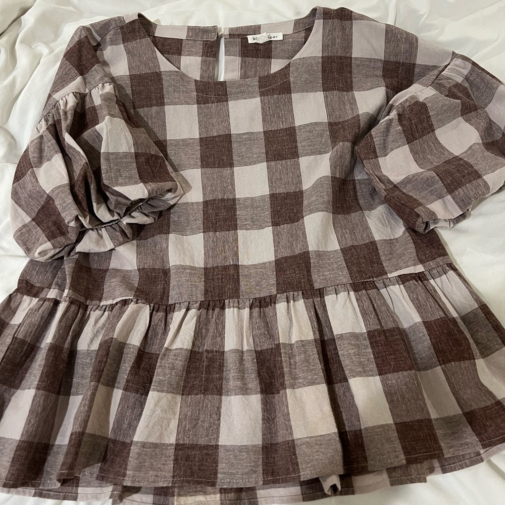 Brown Checkered Peplum Shirt